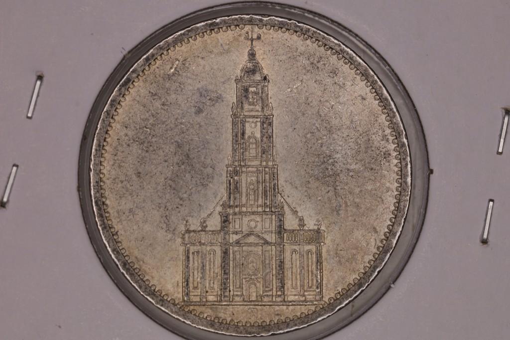 1934-E GERMAN SILVER 5 MARK .4016 OZ. ASW WITH