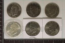 6 IKE DOLLARS: 1-SILVER 1976-S UNC, 2-1971-D'S, 1-