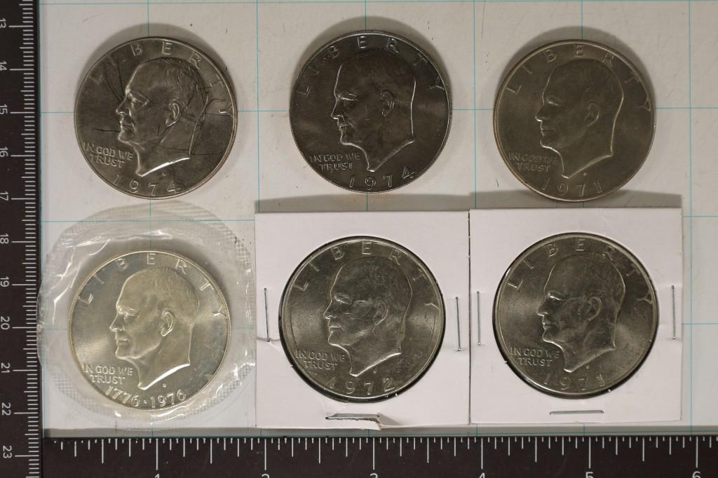 6 IKE DOLLARS: 1-SILVER 1976-S UNC, 2-1971-D'S, 1-