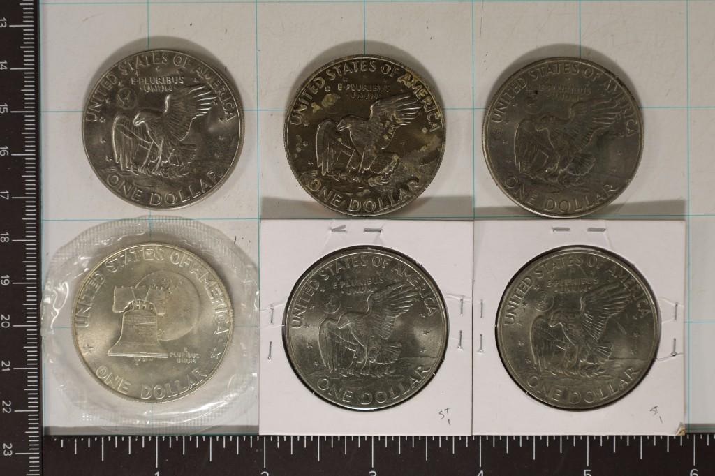 6 IKE DOLLARS: 1-SILVER 1976-S UNC, 2-1971-D'S, 1-