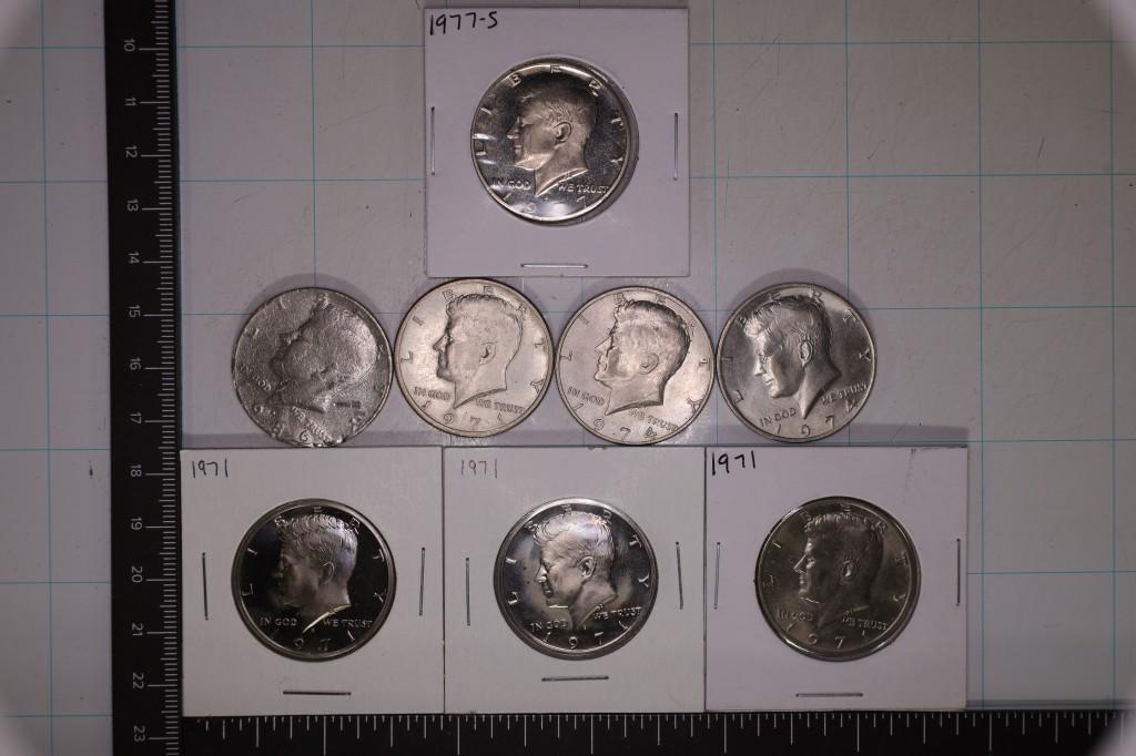 10-KENNEDY HALF DOLLARS: 2-1971-S PF, 1-1977-S PF,