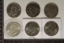 6 IKE DOLLARS: 1-SILVER 1976-S UNC, 2-1971-D'S, 1-