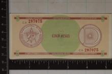 CUBA 5 PESO EXCHANGE CERTIFICATE ISSUED BY THE