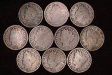 10-LIBERTY "V" NICKELS: 5-1907, 2-1909, 1911 &1912