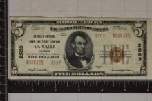 1929 US $5 NATIONAL CURRENCY OF LA SALLE, IL AU