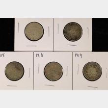 1916, 1917, 2-1918, & 1919 FRANCE SILVER 1 FRANC