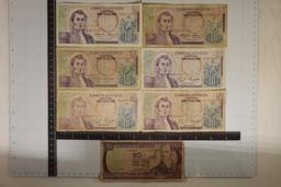 7-COLUMBIA BILLS: 6-10 PESO AND 1-50 PESO.