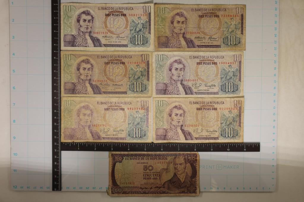 7-COLUMBIA BILLS: 6-10 PESO AND 1-50 PESO.