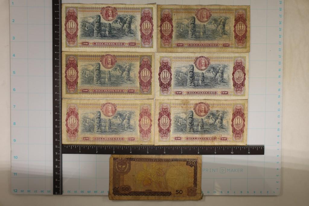7-COLUMBIA BILLS: 6-10 PESO AND 1-50 PESO.