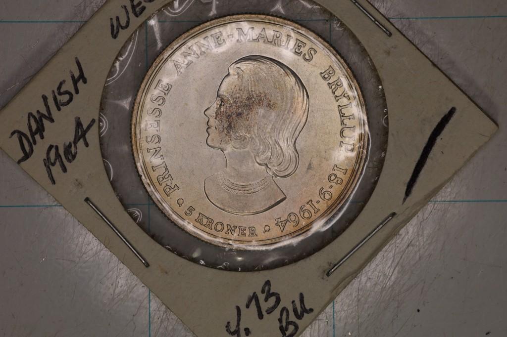1964 DENMARK SILVER 5 KRONER BU COIN .4372 OZ. ASW