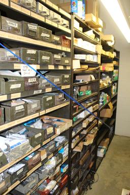 Contents of (4) Sections Shelving, Various Auto Parts, Push Pins, Battery T
