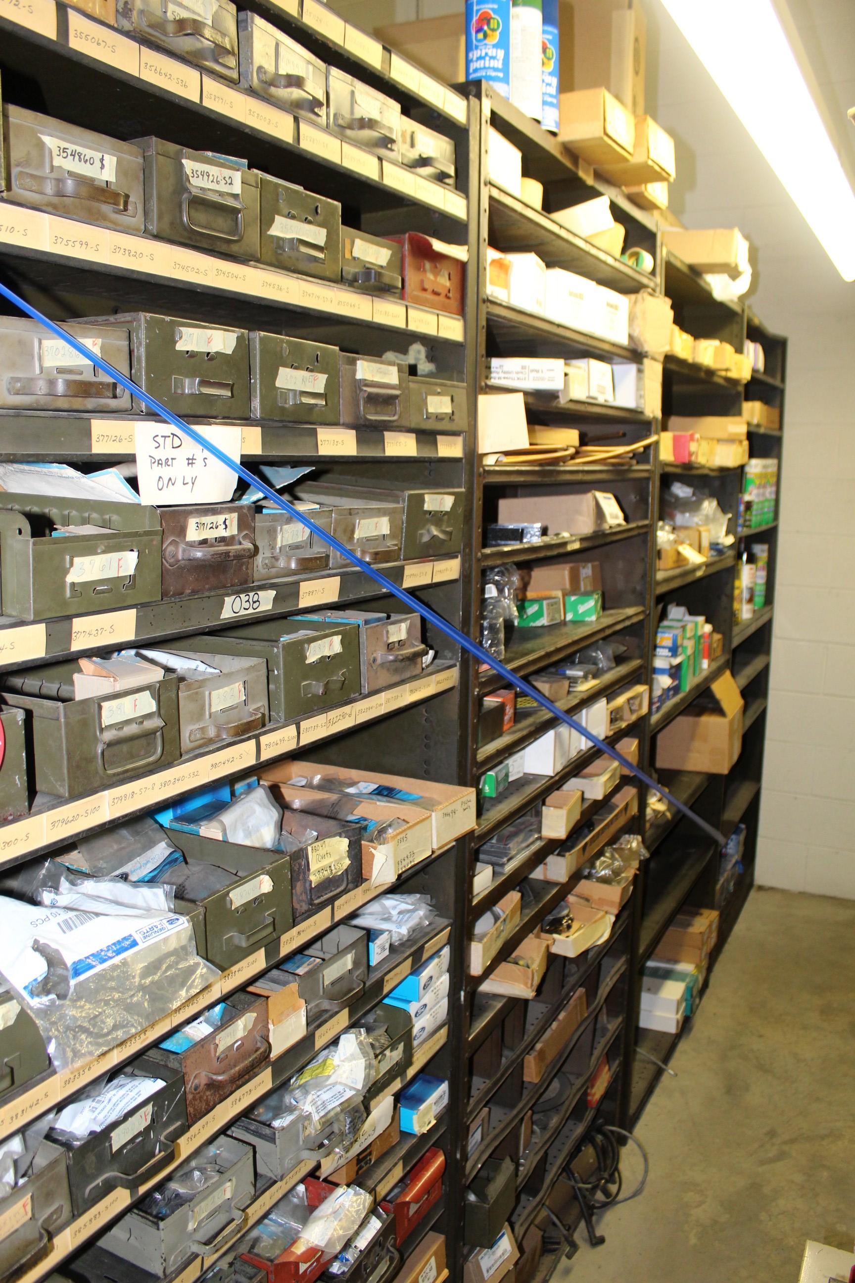 Contents of (4) Sections Shelving, Various Auto Parts, Push Pins, Battery T