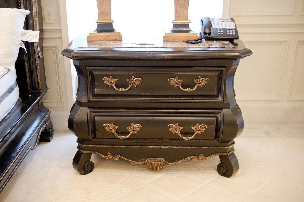 Pair (2) of Marge Carson nightstands, 2-drawer, distress black finish inset