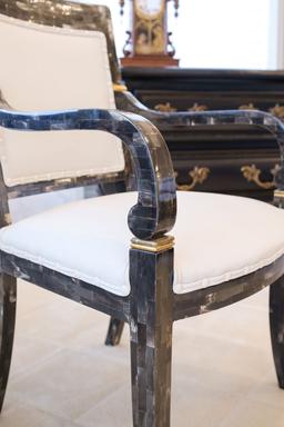 Regency Arm chair completely covered in pen shell and bone w/white leather