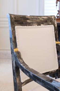 Regency Arm chair completely covered in pen shell and bone w/white leather