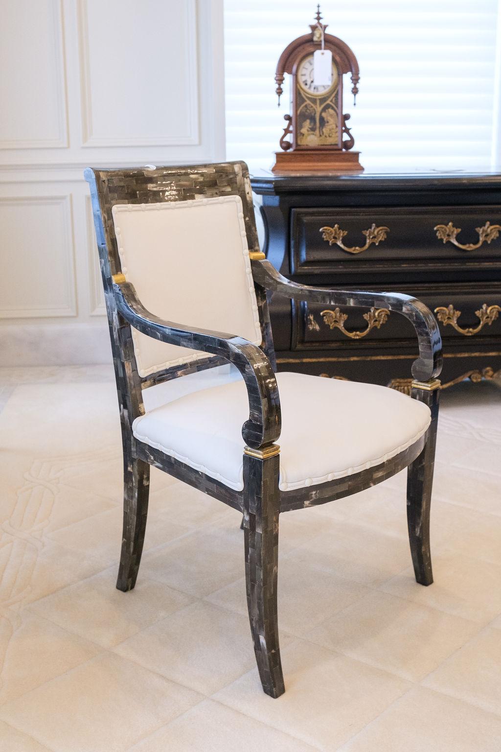 Regency Arm chair completely covered in pen shell and bone w/white leather