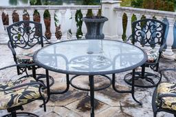 Table and 4 Chairs  Aluminum cast,  glass top,  Approx. 52" Día x 28"H - Ch