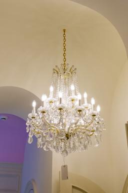 Brass and glass chandelier  2 tier , 18 light w/prisms and swags,  Approx.