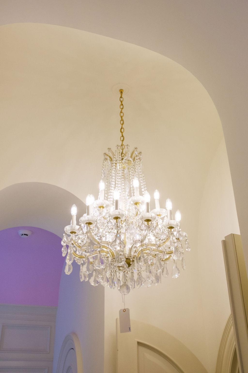 Brass and glass chandelier  2 tier , 18 light w/prisms and swags,  Approx.