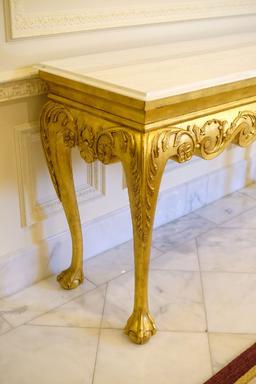 Console table gilted with acanthus carved knee, white marble top w/beveled