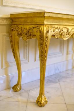 Console table gilted with acanthus carved knee, white marble top w/beveled