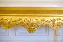 Console table gilted with acanthus carved knee, white marble top w/beveled