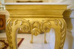Console table gilted with acanthus carved knee, white marble top w/beveled