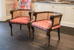Pair (2) of tub chairs w/Cain back and rams head arms w/goat foot, Approx.