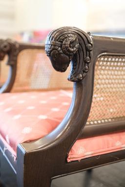 Pair (2) of tub chairs w/Cain back and rams head arms w/goat foot, Approx.
