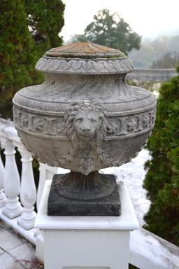 Pair (2) of lidded concrete Urns w/lions head and bell flower swags, Approx