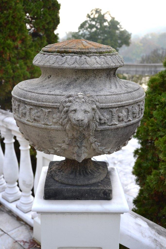 Pair (2) of lidded concrete Urns w/lions head and bell flower swags, Approx