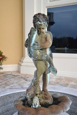 Copper fountain, nude boy holding fish standing In a shell, Approx.   56"T