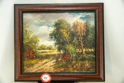 Framed Original Painting By M Poole, Landscape Scene, 29.5" X 25.5"