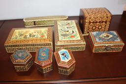 Collection Of 8 Decorative Wooden Boxes, Hand Enameled, Lidded, Presumed Fr