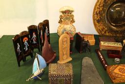 Contents Of Shelf, Assorted Decorative Wooden Boxes, Pair Of Hand Carved Wo