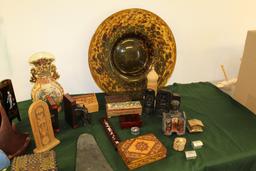 Contents Of Shelf, Assorted Decorative Wooden Boxes, Pair Of Hand Carved Wo