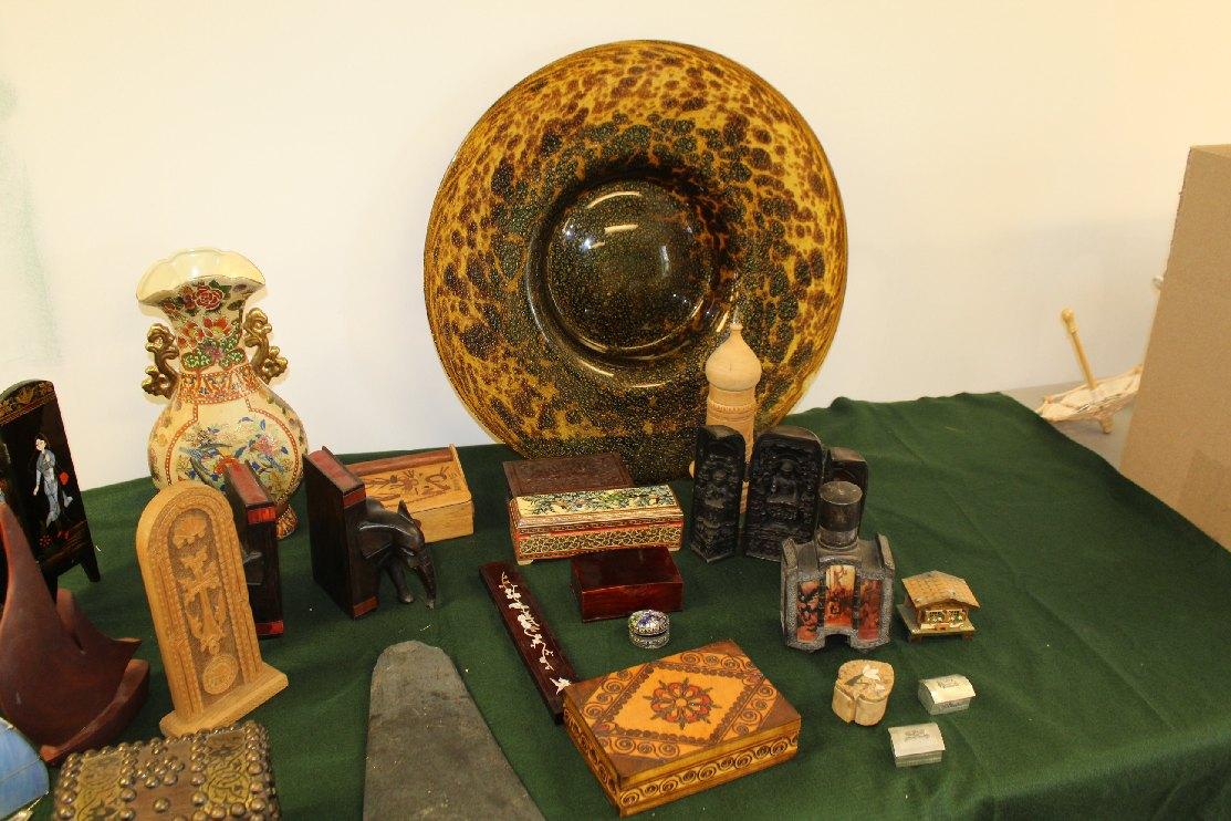 Contents Of Shelf, Assorted Decorative Wooden Boxes, Pair Of Hand Carved Wo