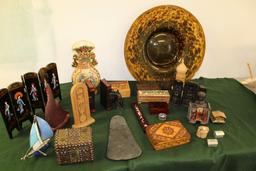 Contents Of Shelf, Assorted Decorative Wooden Boxes, Pair Of Hand Carved Wo