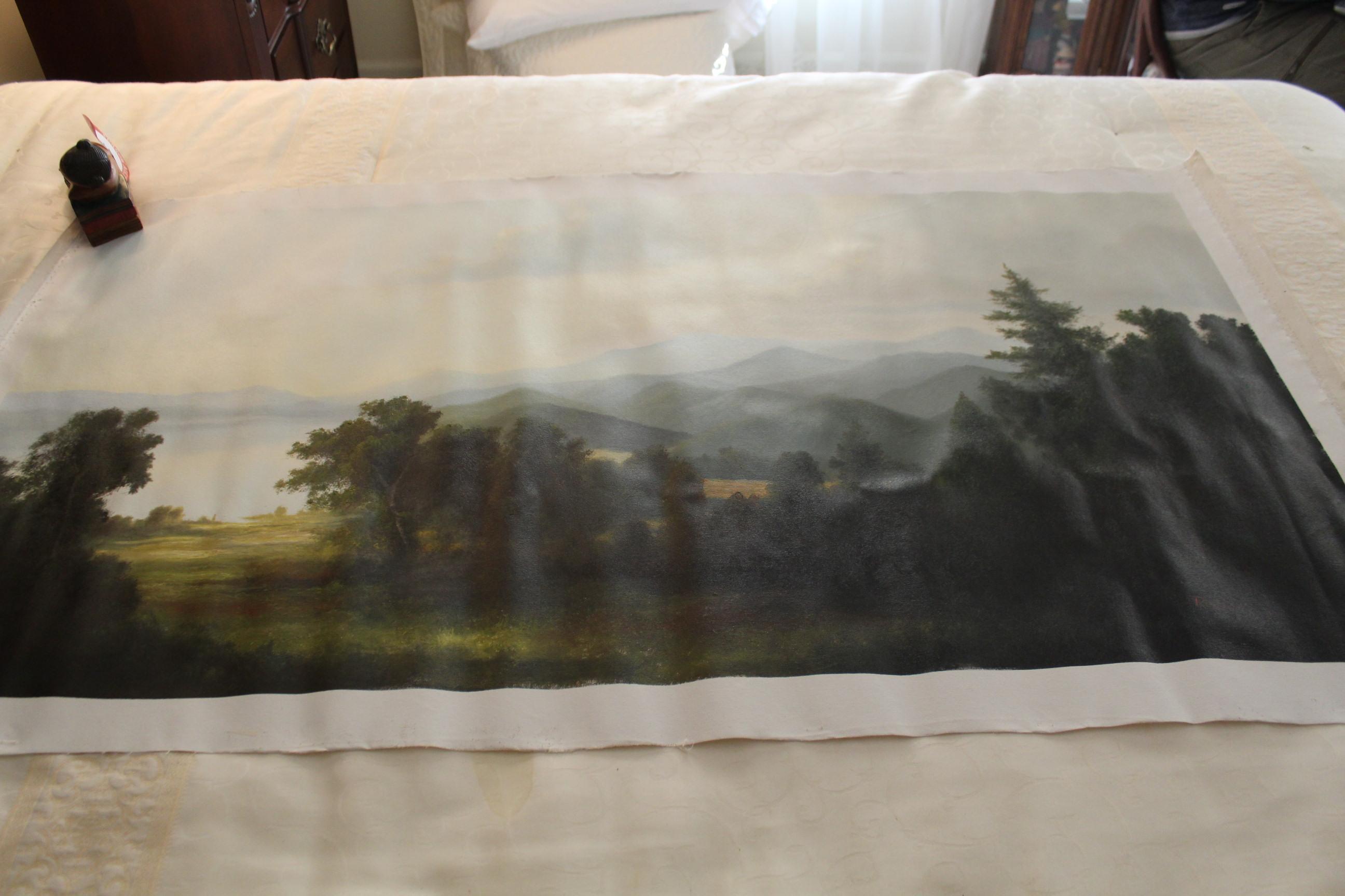 Unframed Ron Williams Original Painting, Mountain Lake Scene From Hillside,