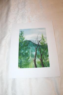 Matted Original Painting By John Cole From 1991, Mountain Scene, 10.75" X 1