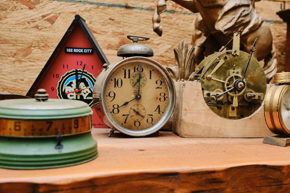 Lot Of Various Clocks, Two Wooden Mantle Clocks, Various Tabletop Decorativ