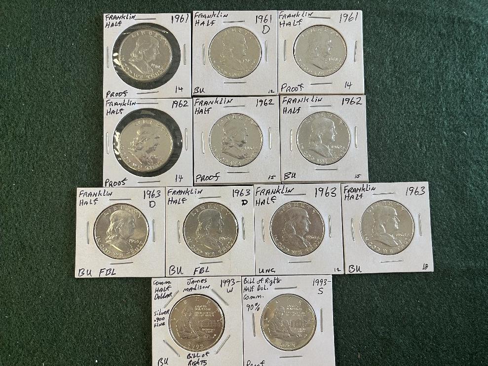 (12) Half Dollars: (1) 1961-D BU, (2) 1961 NO Mint Mark Proofs, (2) 1962 No