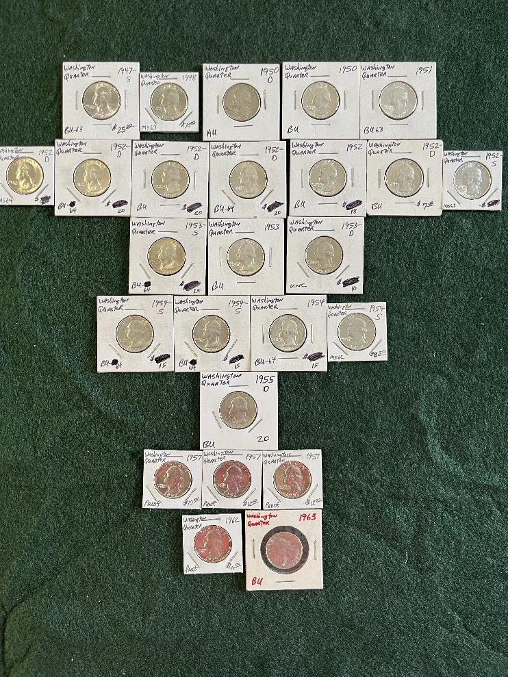 Washington Quarters: 91) 1947-S BU, (1) 1948 MS-63, (1) 1950 BU, (1) 1950-D