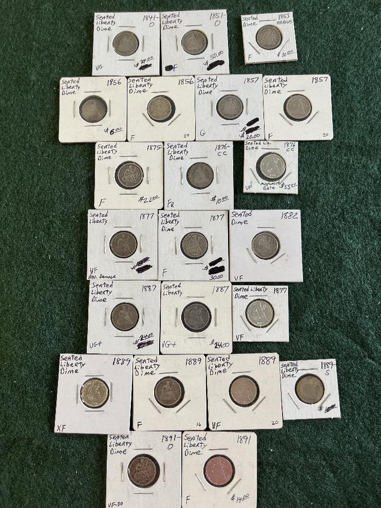 Seated Liberty Dimes: (1) 1841-O VG, (1) 1851-O F, (1) 1853 F, (1) 1856 F,