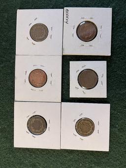 Flying Eagle Cents: (1) 1857 XF, (1) 1857 VG, (1) 1857 G, (2) 1858 VF, (1)