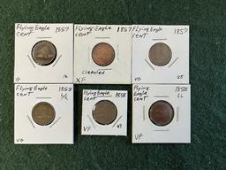Flying Eagle Cents: (1) 1857 XF, (1) 1857 VG, (1) 1857 G, (2) 1858 VF, (1)