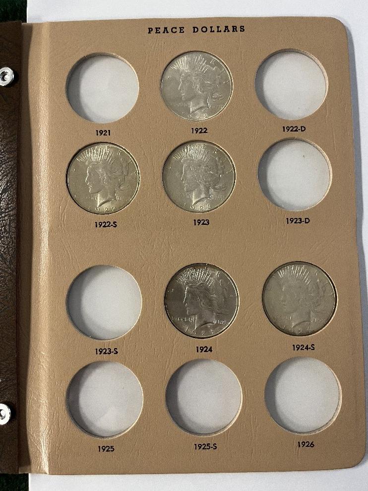 Peace Dollar Album with 10 to include: 1922, 1922-S, 1923, 1924, 1924-S, 19