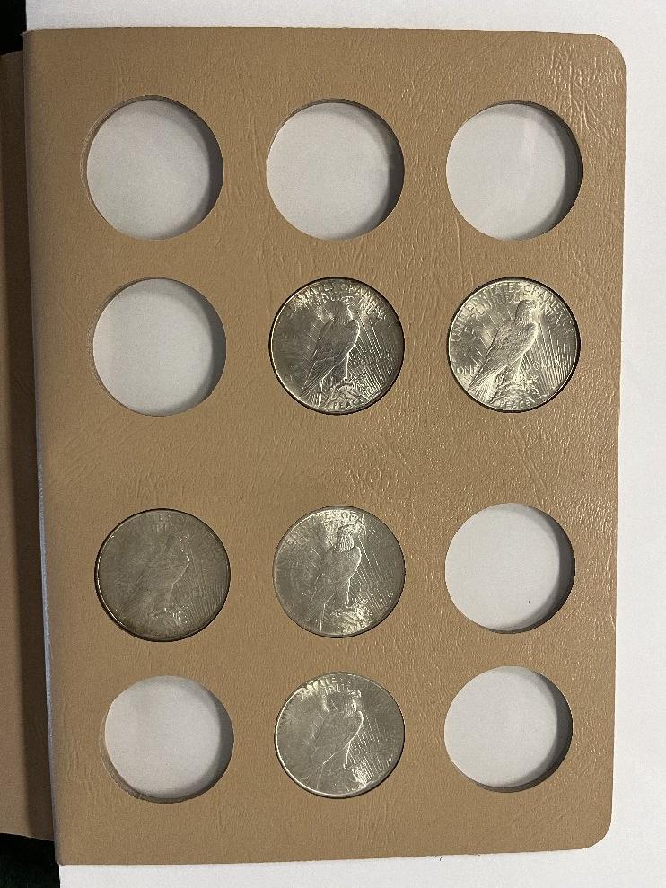 Peace Dollar Album with 10 to include: 1922, 1922-S, 1923, 1924, 1924-S, 19