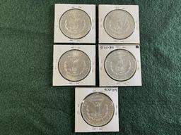(5) Morgan Dollars: (1) 1887 No Mint Mark MS-62, (1) 1898 No Mint Mark MS-6