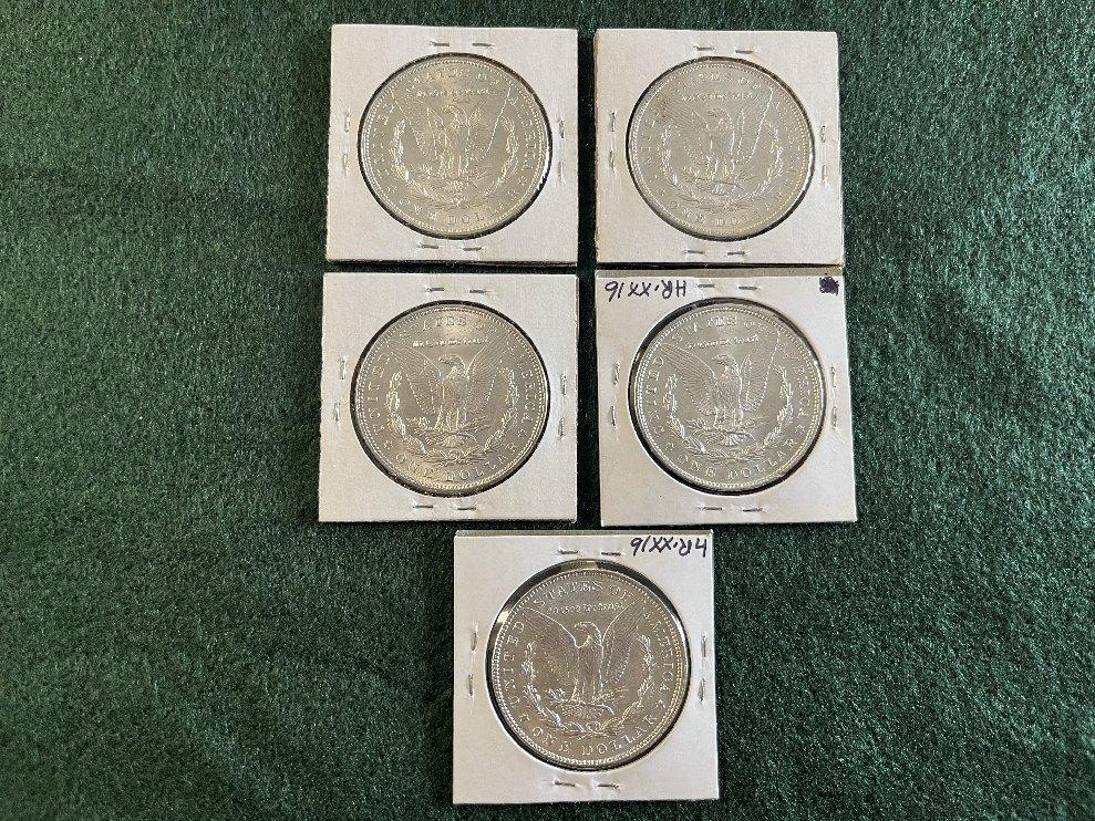 (5) Morgan Dollars: (1) 1887 No Mint Mark MS-62, (1) 1898 No Mint Mark MS-6